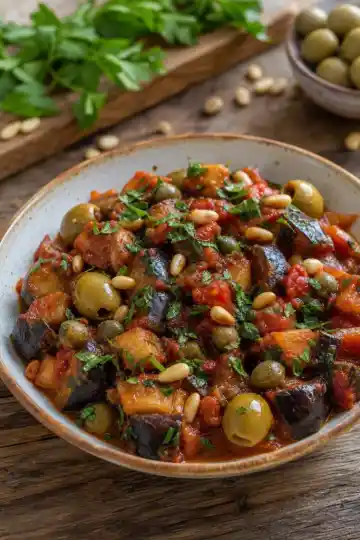 Sicilská caponata z lilku a rajčat z jedné pánve