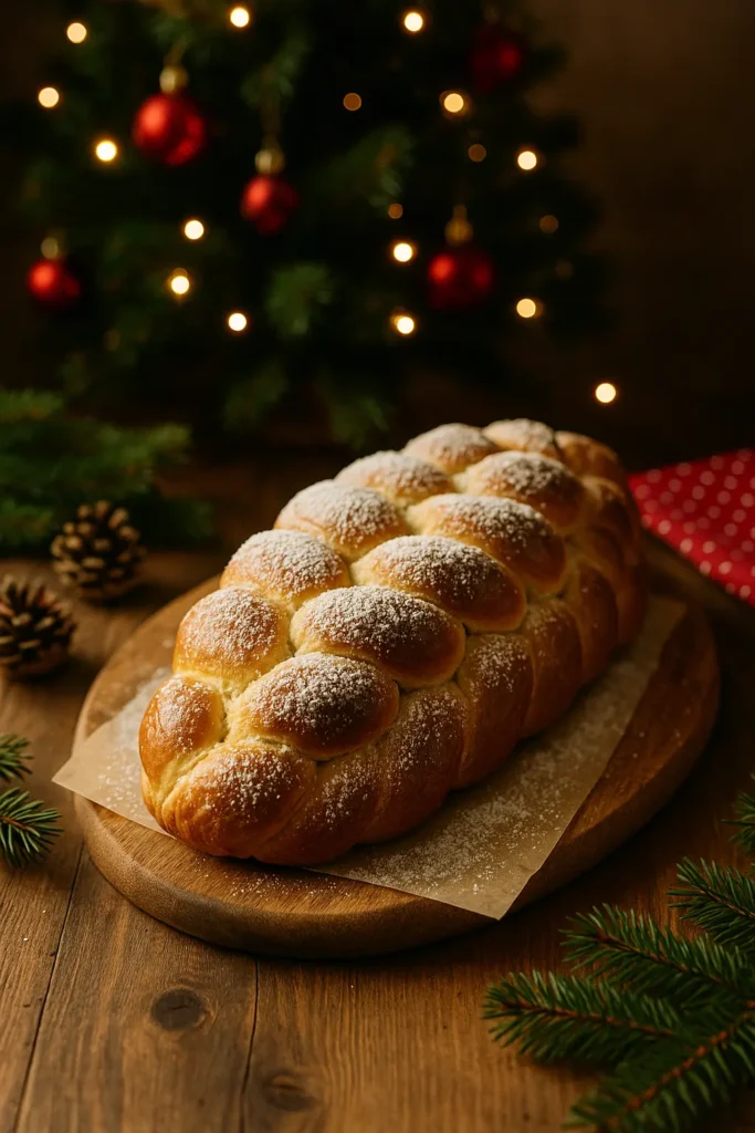 Homemade braided sweet bread from yeasted dough
