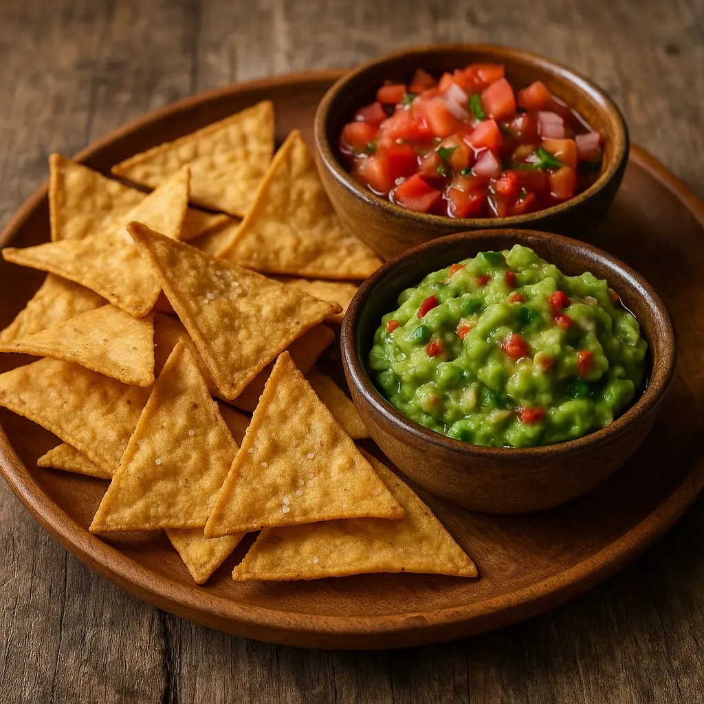 Nachos with guacamole and salsa