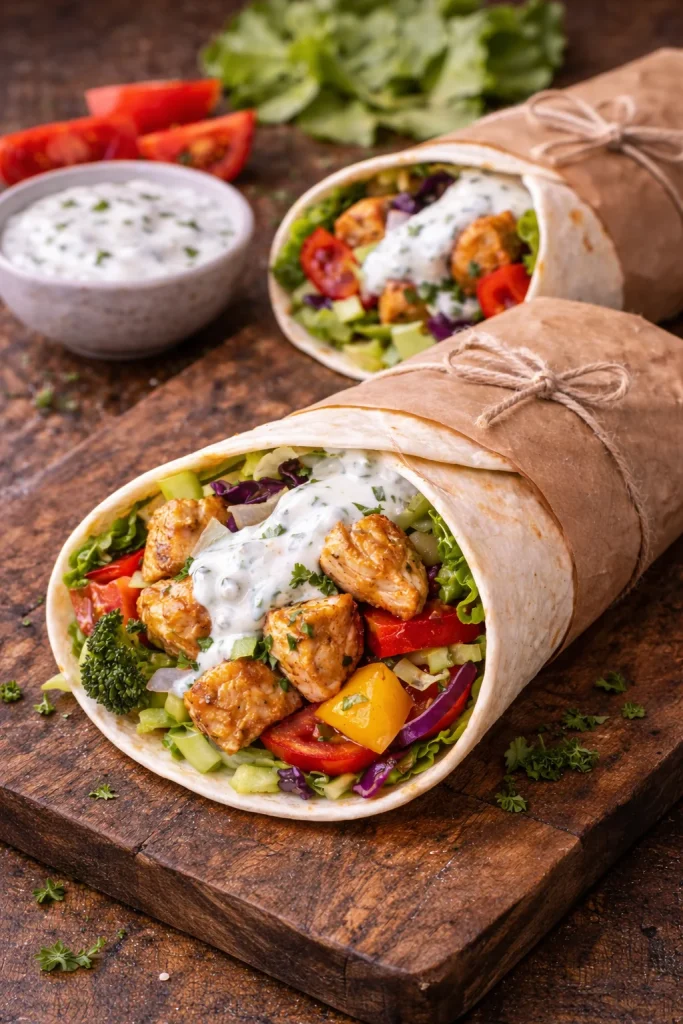 Tortilla wrap with chicken, salad and yogurt dressing