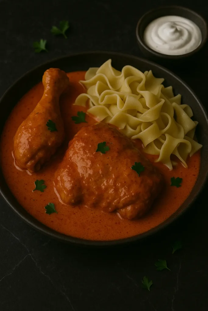 Hearty chicken paprikash with a creamy sauce