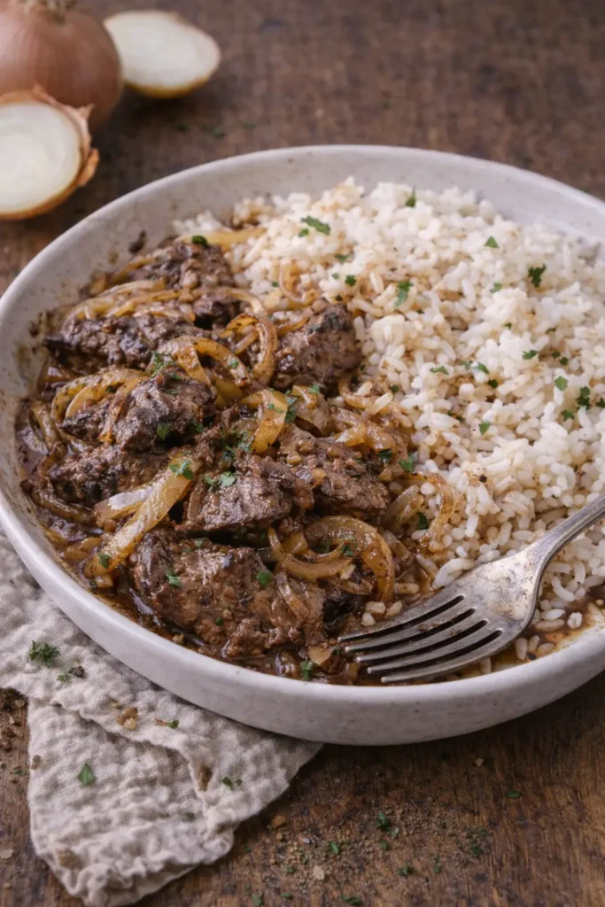 Livers with onions and rice
