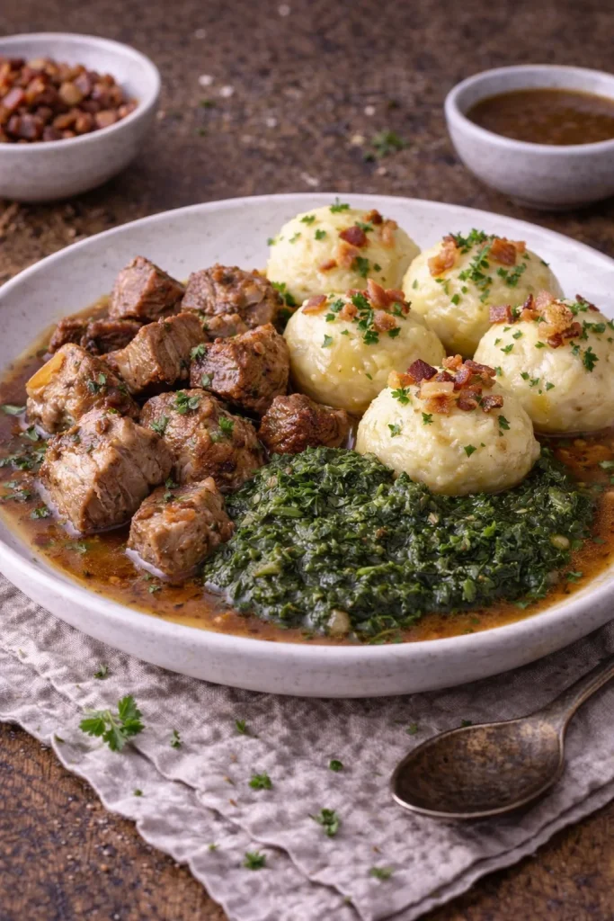 Moravian sparrow with spinach and potato dumpling