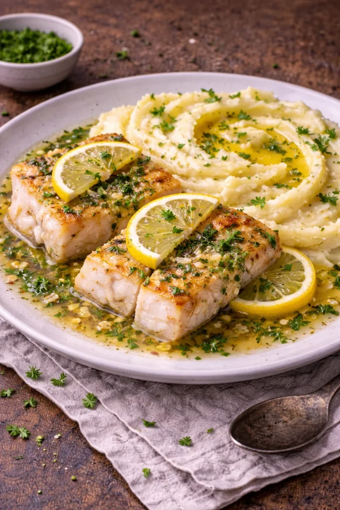Cod in butter with herbs and mashed potatoes