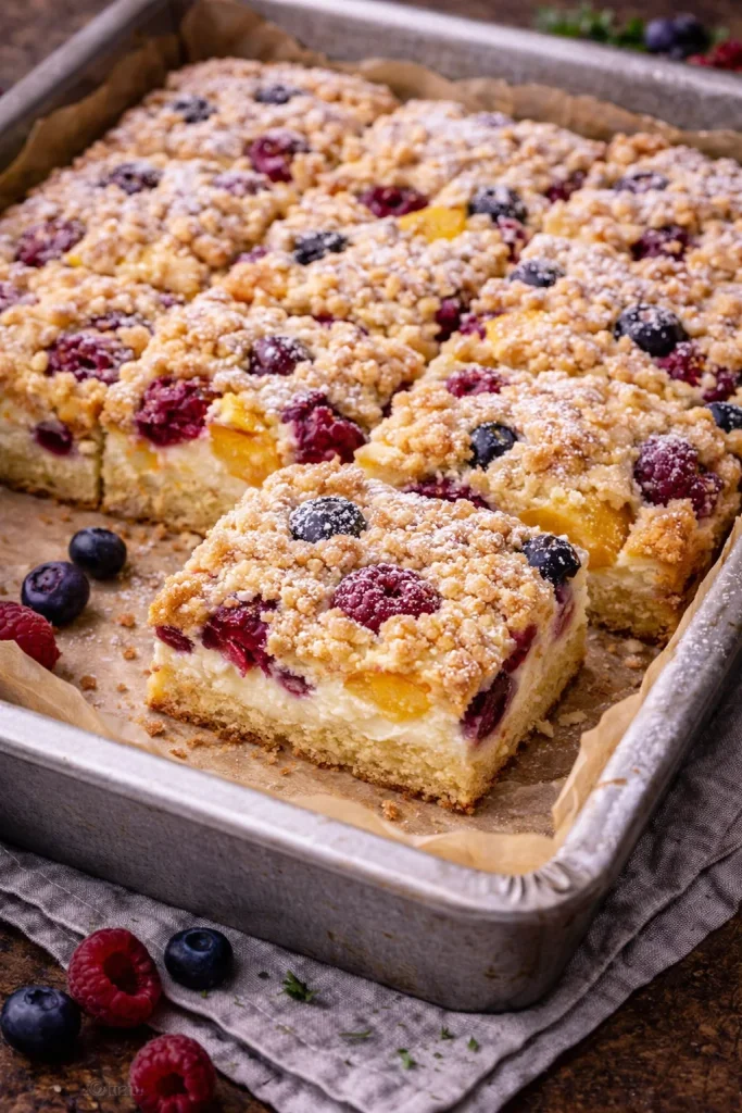 Cottage cheese tray cake with fruit and streusel