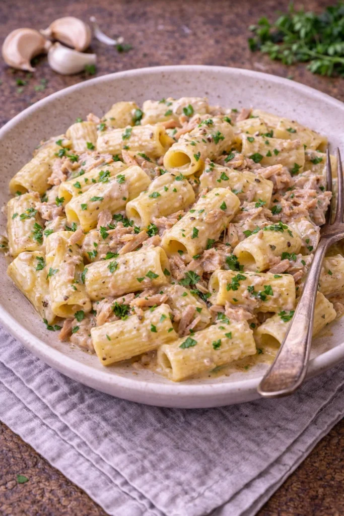 Tuna pasta with cream and garlic (quick recipe)