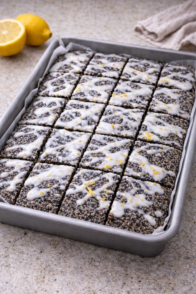 Poppy seed sheet cake with lemon glaze