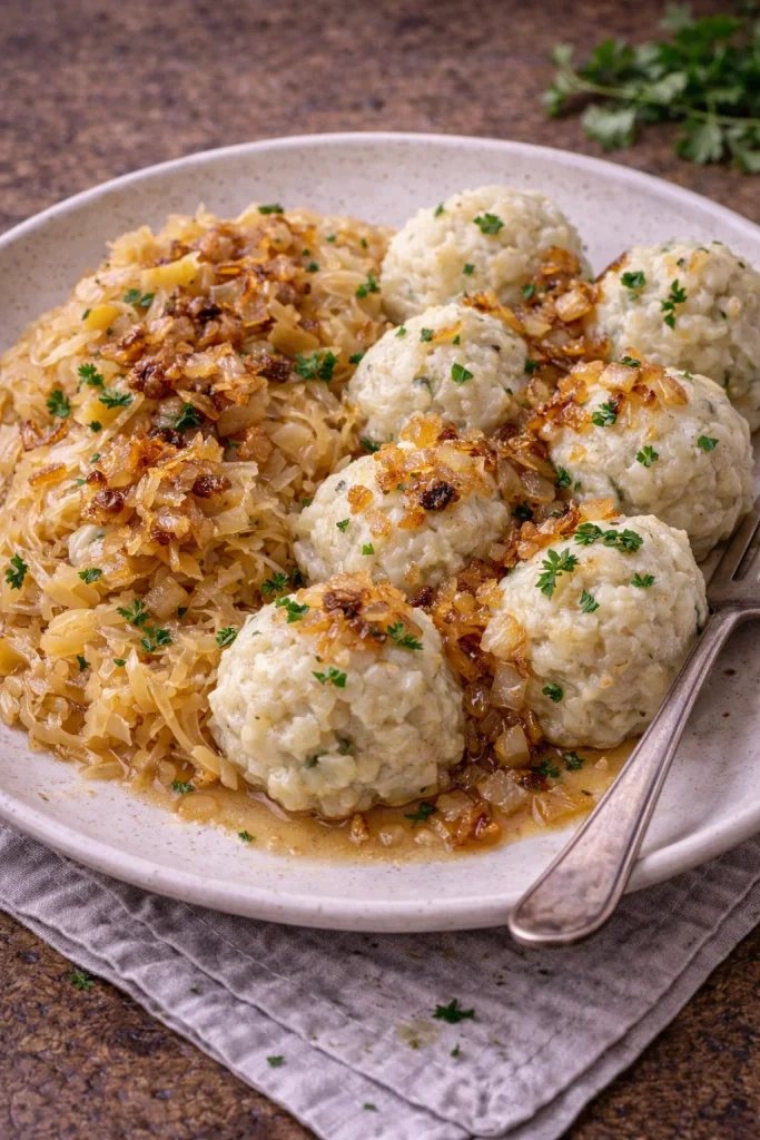 Hairy dumplings with sauerkraut and fried onions