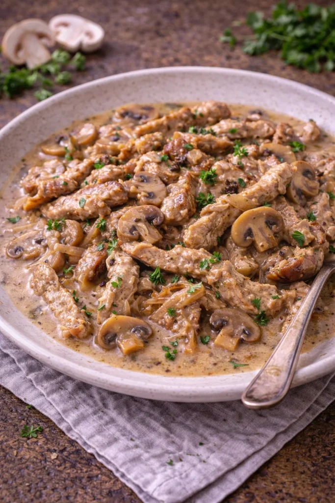 Pork strips with mushrooms