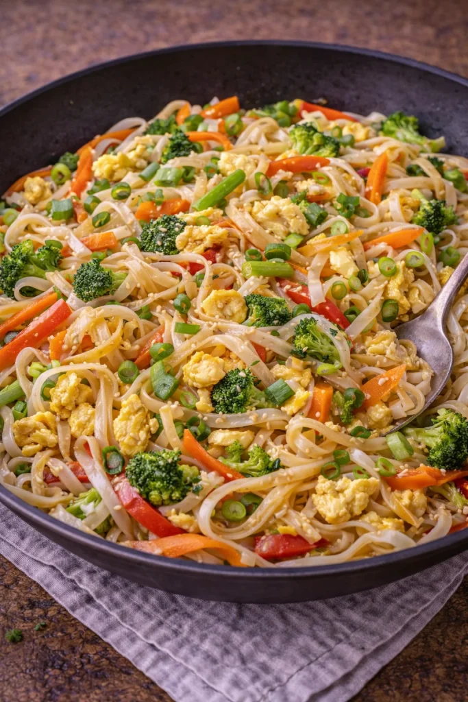 Rice noodles with egg and vegetables (quick skillet)