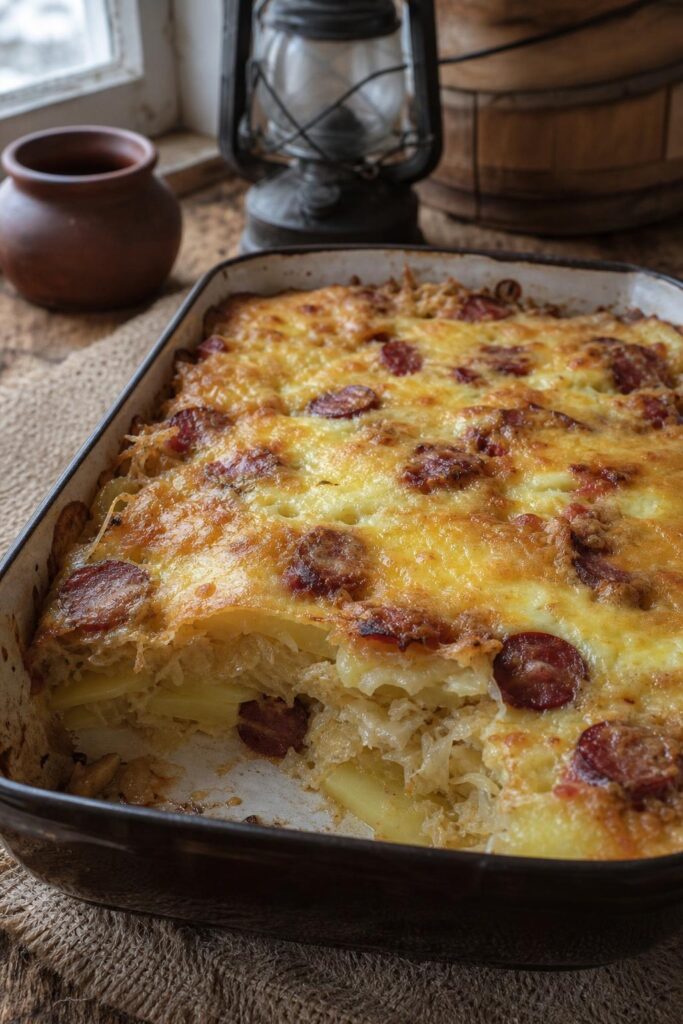 Potato casserole with sauerkraut and sausage baked in one dish