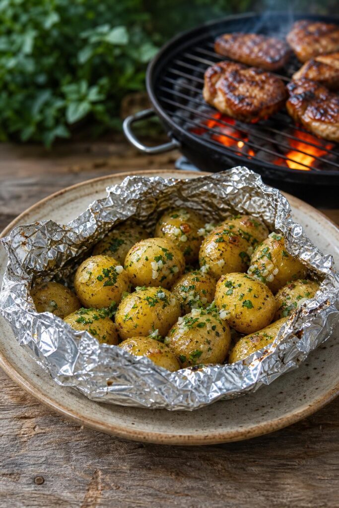 Potatoes in foil on the grill with garlic butter