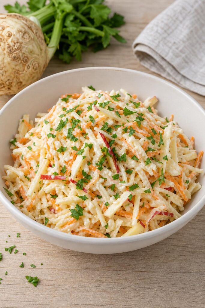 Celery salad with apple, carrot and yogurt dressing