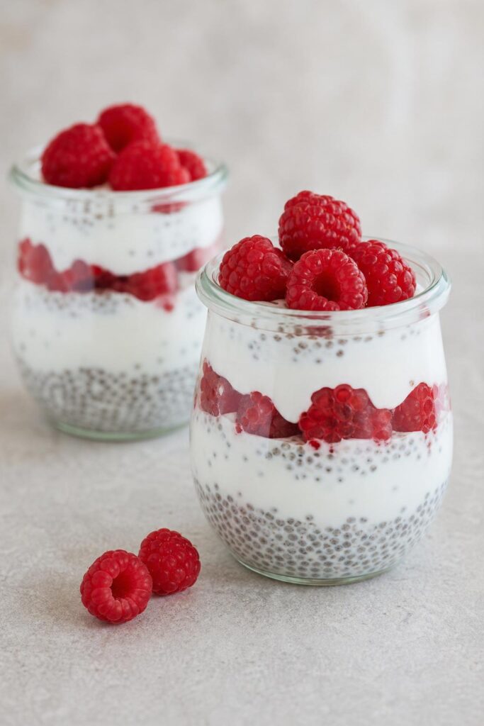 Chia pudding with yogurt and raspberries, no added sugar