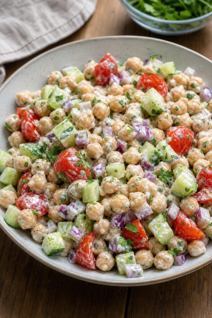 Chickpea salad with cucumber, tomatoes and yogurt dressing