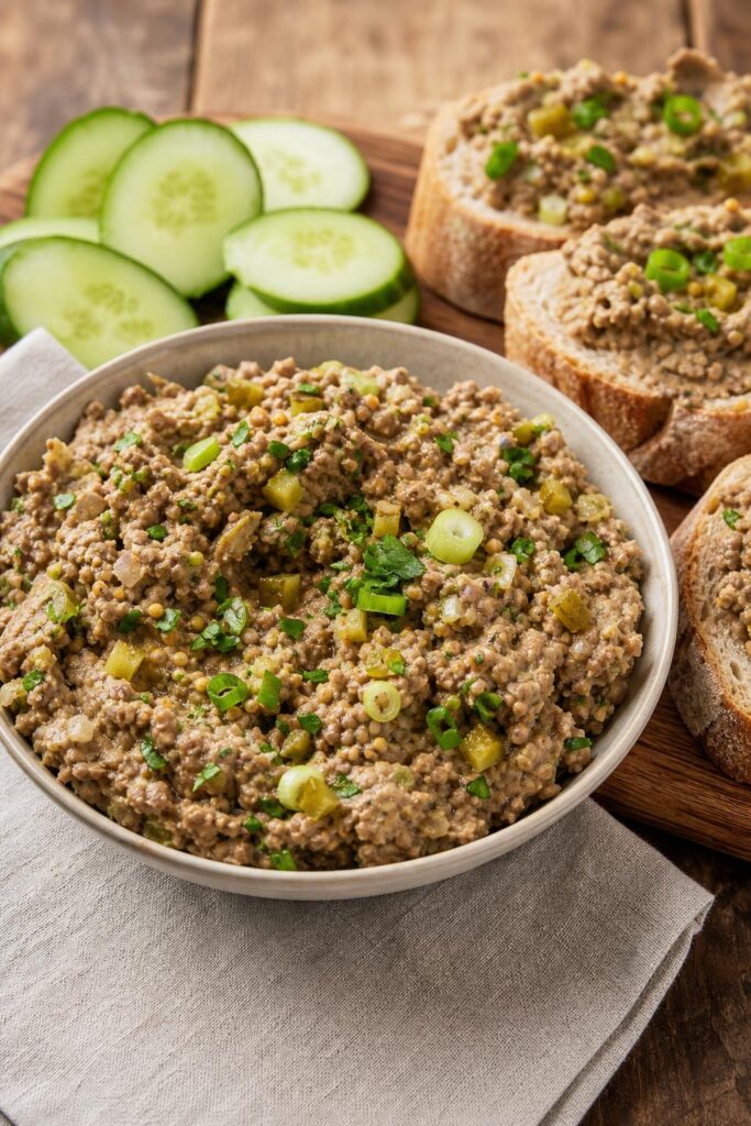 Lentil spread with pickled cucumber and mustard in 15 minutes