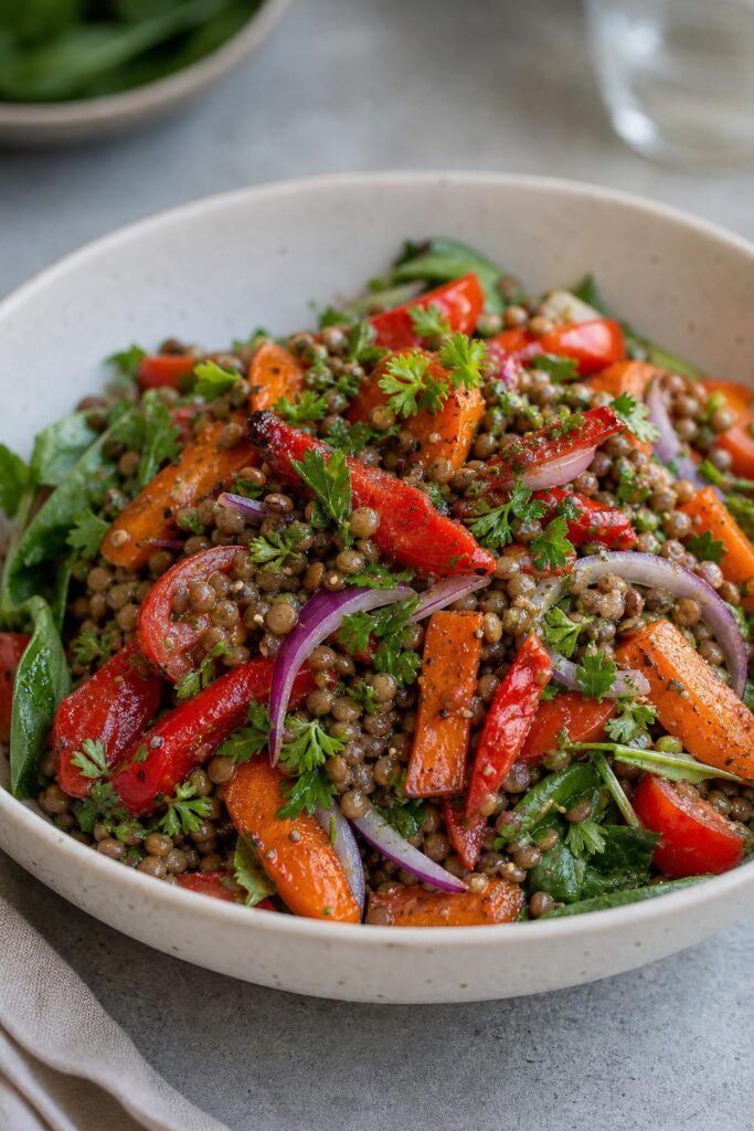 Lentil salad with roasted vegetables and mustard dressing