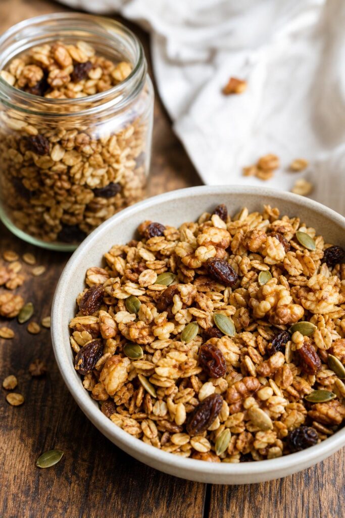 Domácí ovesná granola s medem a ořechy z pánve