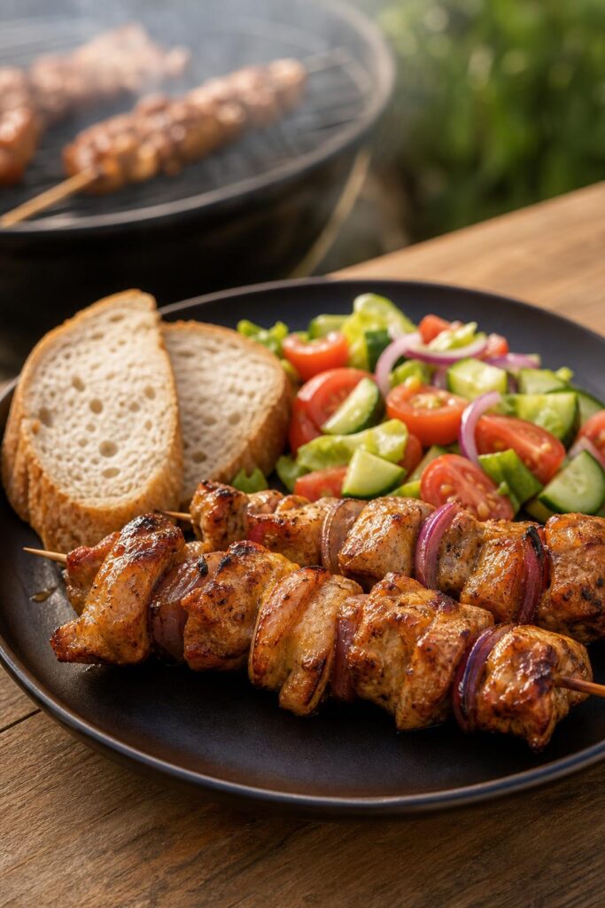 Grilled pork skewers with mustard marinade and onion