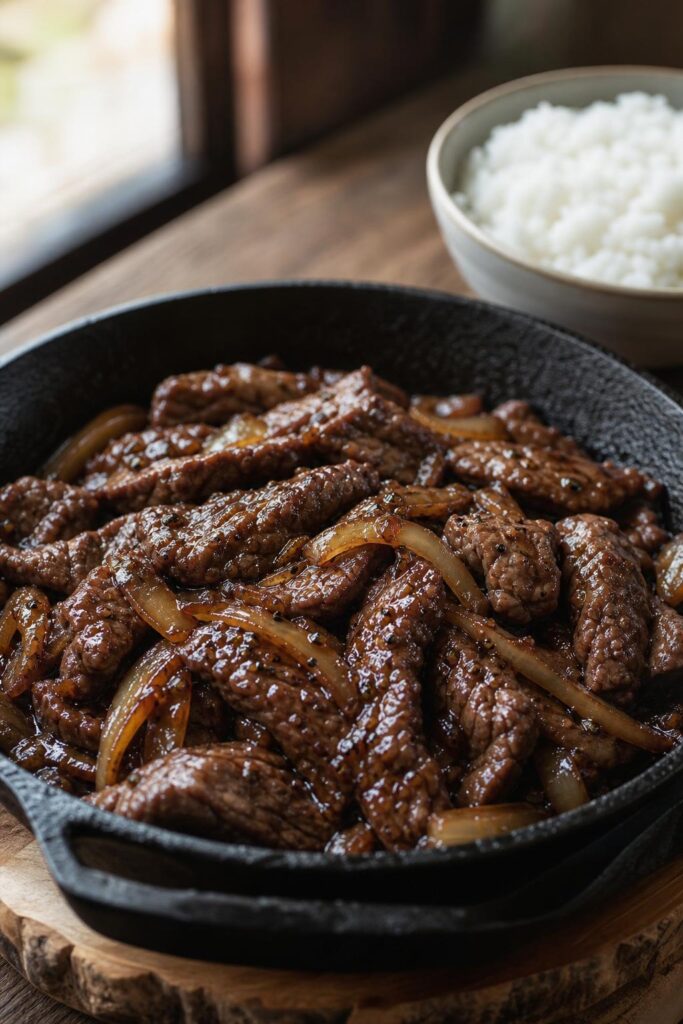 Beef strips with pepper and onion in one pan