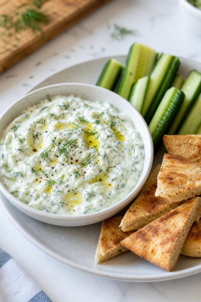 Yogurt dip with cucumber, garlic and dill