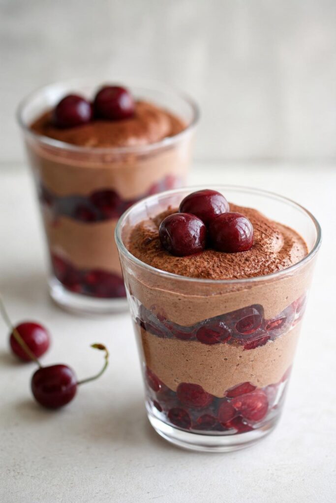 Cocoa curd cream with cherries without added sugar in 10 minutes