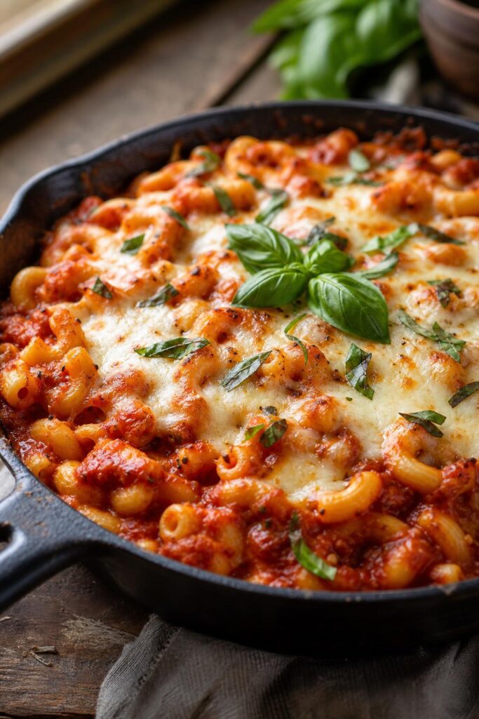 Penne elbows with tomato sauce and mozzarella from one pan