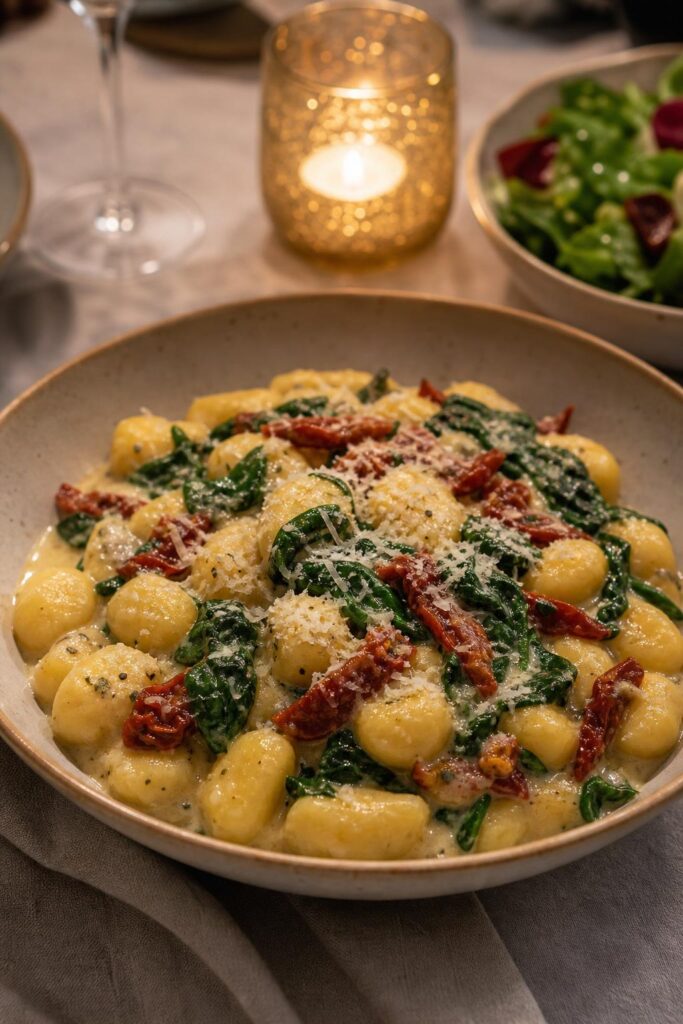 Creamy gnocchi with sundried tomatoes and spinach for two in under 20 minutes