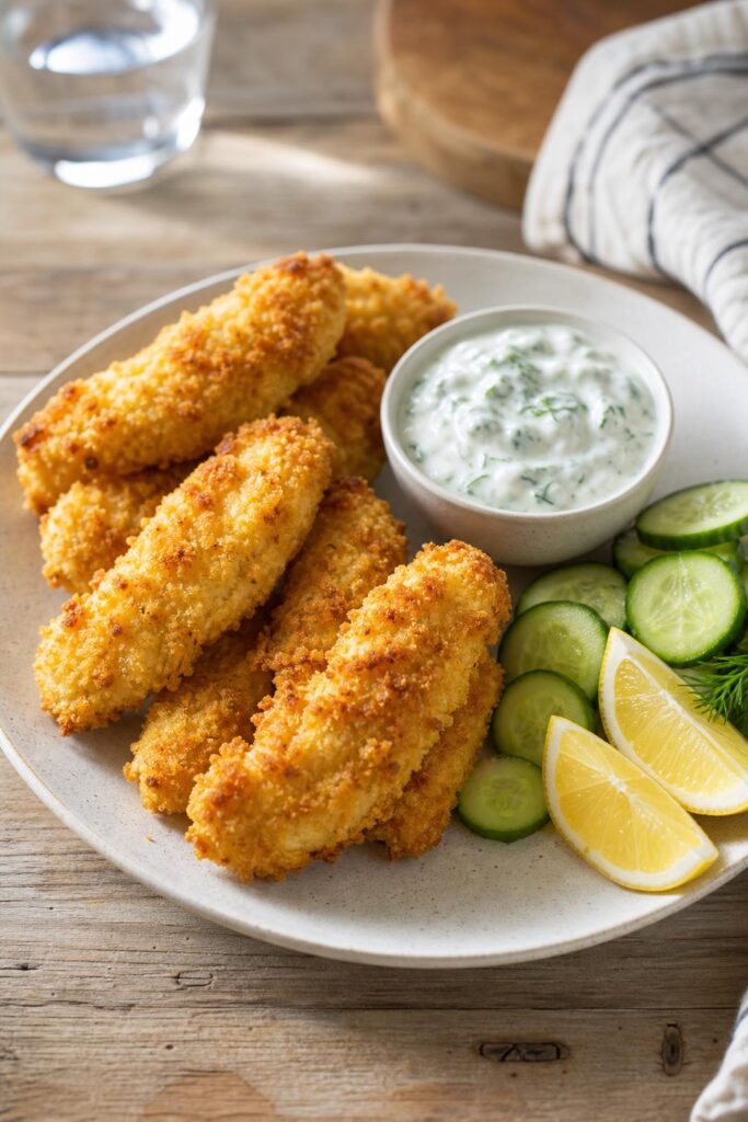 Crispy oven-baked chicken strips with yogurt dip