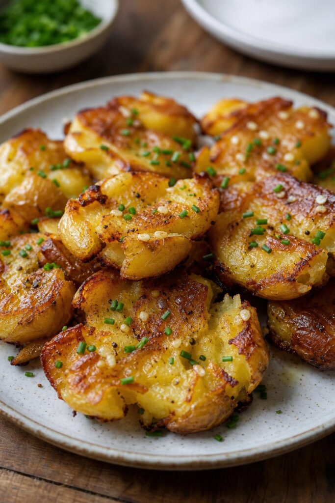 Crispy smashed roasted potatoes with garlic and chives