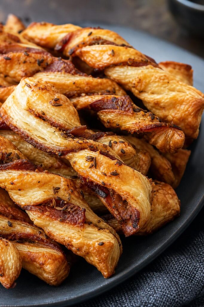 Crispy puff pastry sticks with bacon and caraway