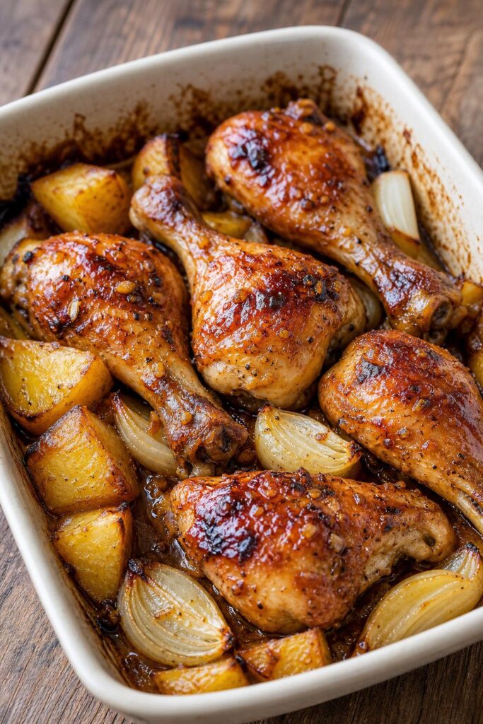 Chicken drumsticks with honey and garlic from one baking dish