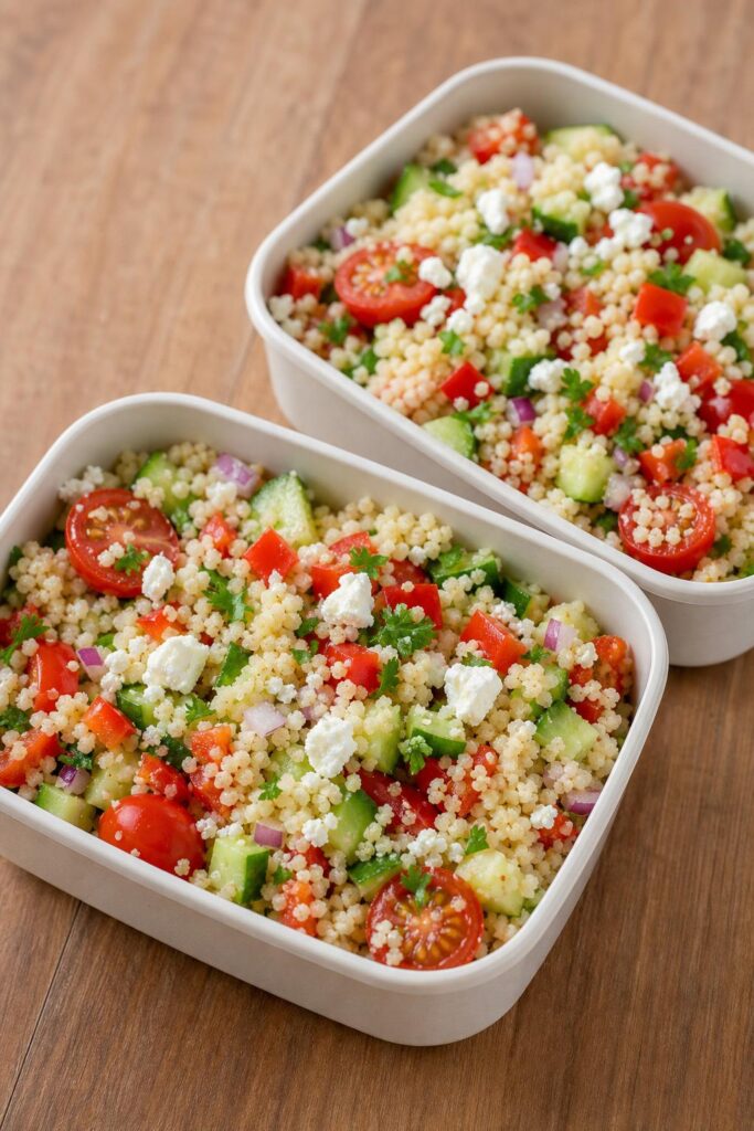 Couscous salad with vegetables and Balkan cheese to go
