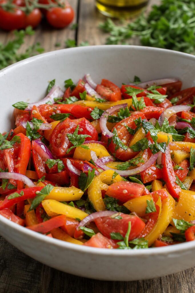 Summer salad of peppers and tomatoes with onion