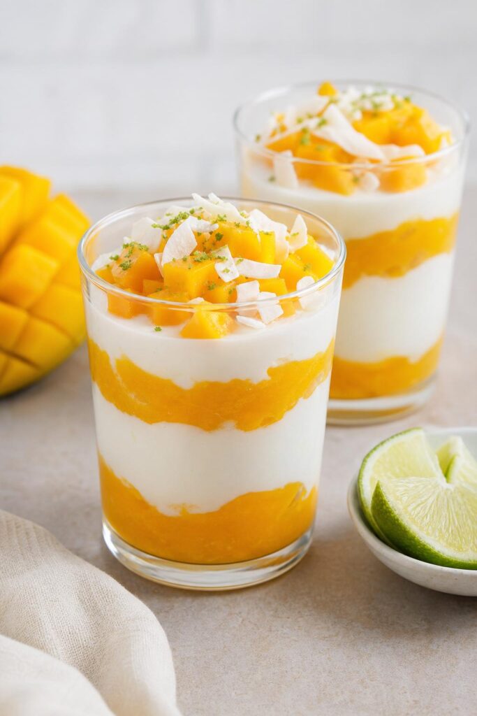 Mango yogurt parfait with lime and coconut