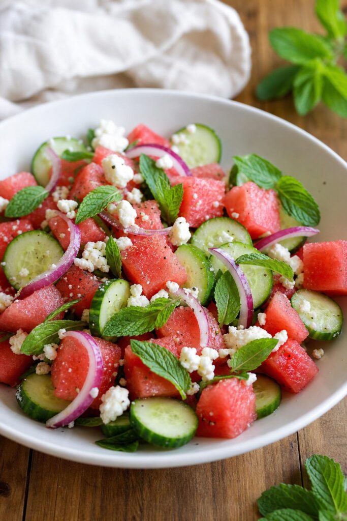 Watermelon salad with cucumber, Balkan cheese and mint in under 10 minutes