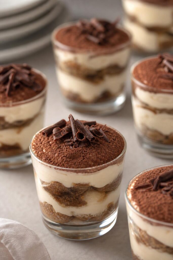 Mini tiramisu cups with sponge fingers and coffee cream, no-bake
