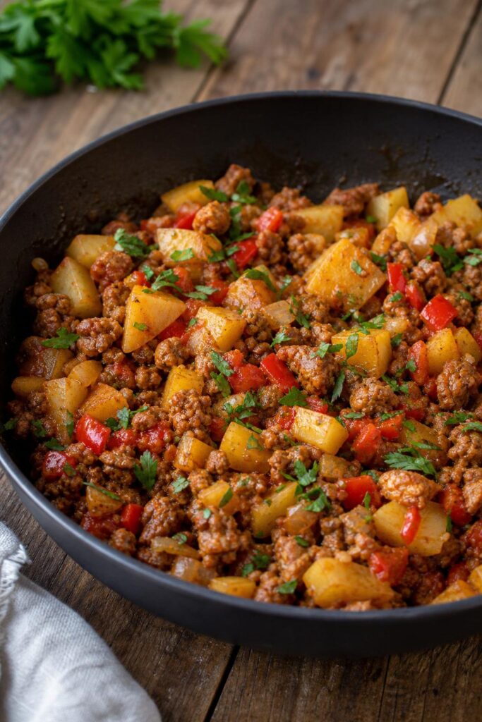 Minced meat in a pan with potatoes and peppers