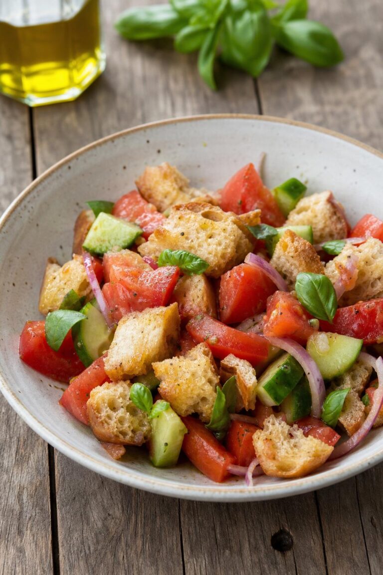 Panzanella – italský chlebový salát s rajčaty a bazalkou