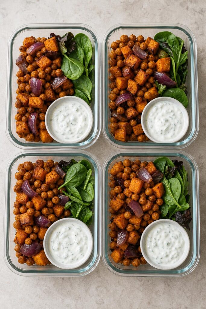 Roasted chickpeas with sweet potatoes and cottage cheese dip for meal prep boxes