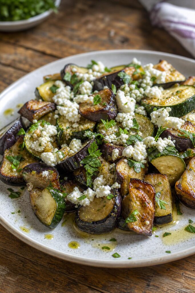 Roasted zucchini with eggplant, garlic and Balkan cheese
