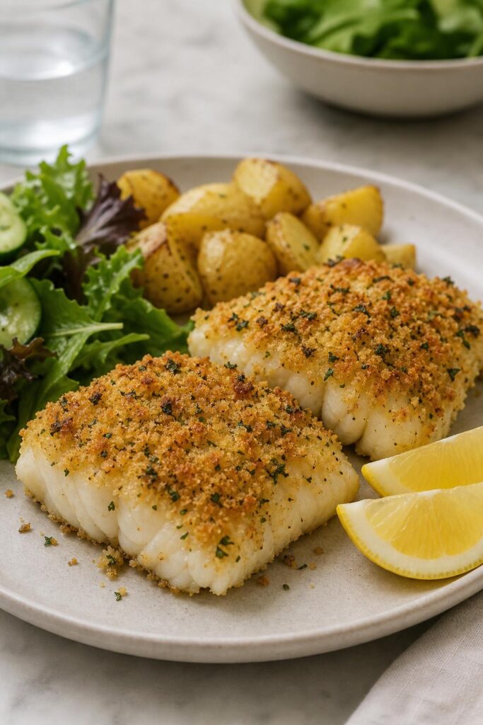 Baked cod with herby breadcrumbs in under 25 minutes