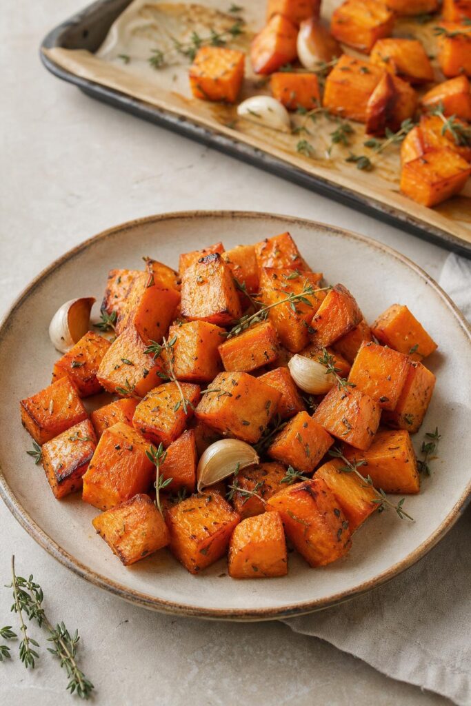 Roasted sweet potato cubes with garlic and thyme