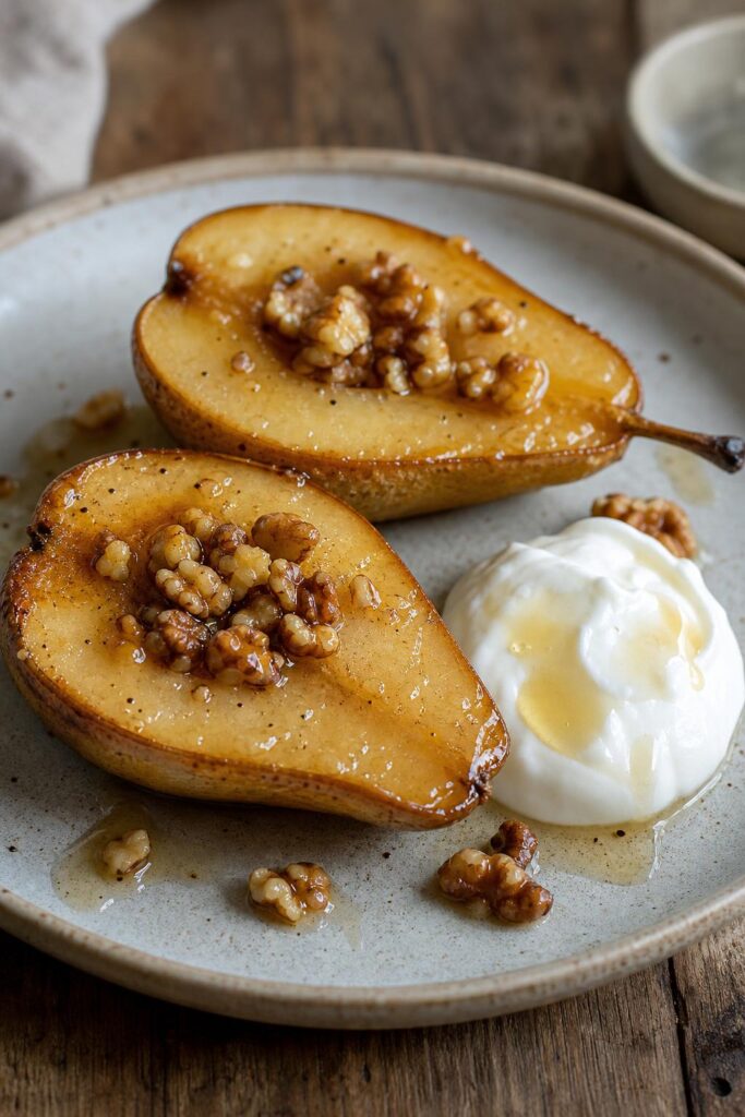 Baked pears with honey, nuts and yogurt