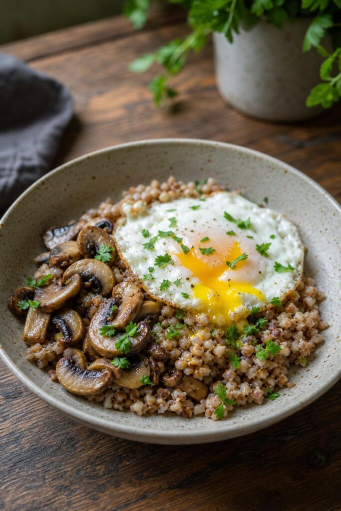 savory buckwheat porridge with mushrooms and egg