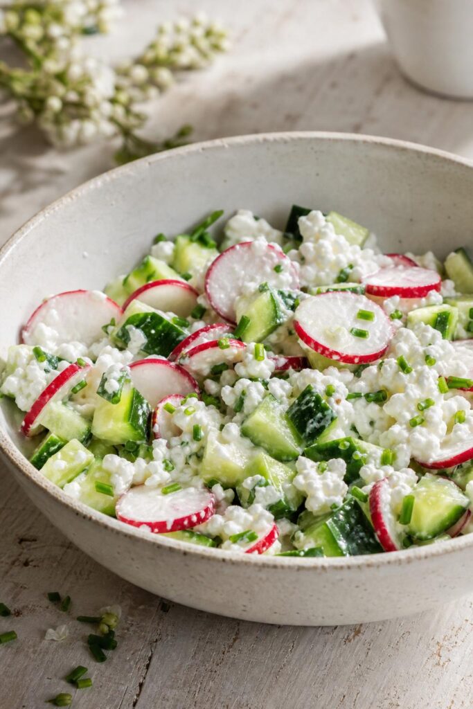 Radish salad with cottage cheese and chives in 10 minutes