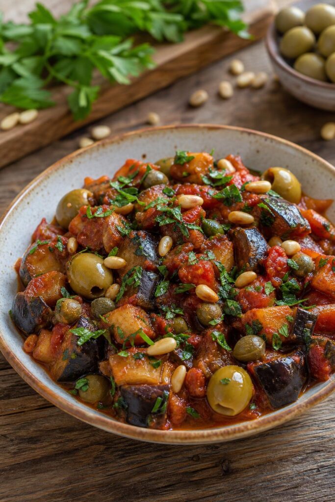 Sicilská caponata z lilku a rajčat z jedné pánve