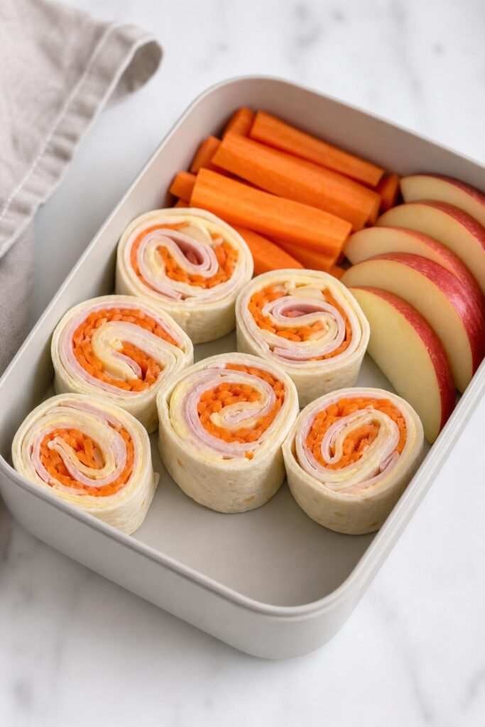 Snack tortilla rolls with ham, cheese and carrot