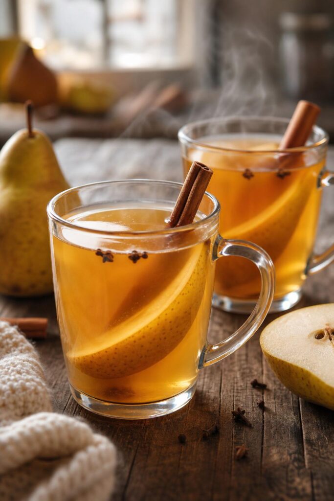 Mulled pear juice with cinnamon and cloves