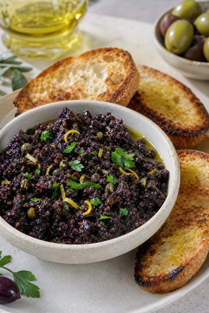 Black olive tapenade – quick spread with capers and lemon
